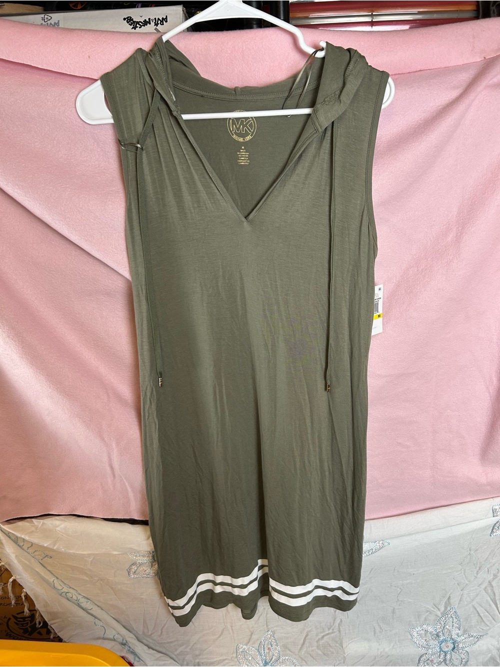 Michael Kors Olive Hooded Sleeveless Dress with White Hem Stripes